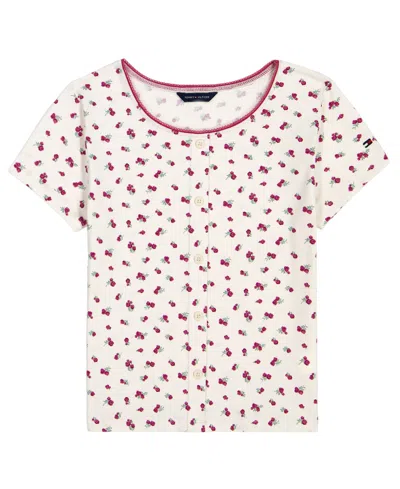Tommy Hilfiger Kids' Girls' 7-16 Printed Henley Short-sleeve T-shirt In Multi