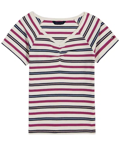 Tommy Hilfiger Kids' Girls' 7-16 Striped Ribbed V-neck Short-sleeve Top In Brown