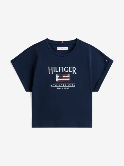 Tommy Hilfiger Kids'  Girls Sequin Flag T-shirt In Blue