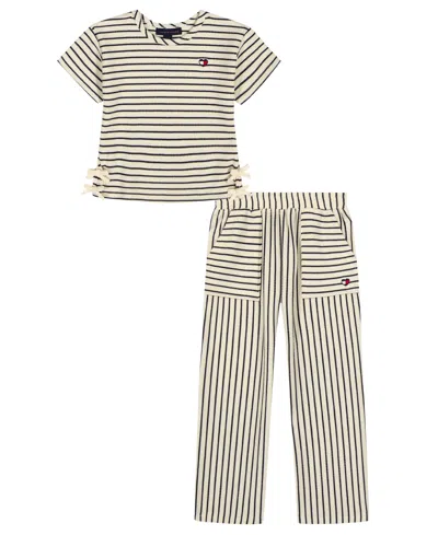 Tommy Hilfiger Babies' Girls' Toddler 2t-4t Popcorn Pique Oversized T-shirt & Striped Wide Leg Pants, 2-piece Set In Neutral