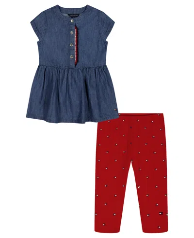 Tommy Hilfiger Babies' Girls' Toddler 2t-4t Sleeveless Denim Tunic & Printed Capri Leggings, 2-piece Set In Multi