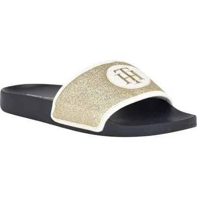 Tommy Hilfiger Glitter Slide Sandal In Light Gold/white