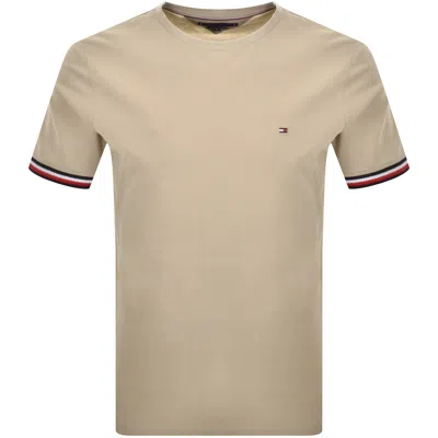 Tommy Hilfiger Global Stripe Cuffs T Shirt Beige In Sand