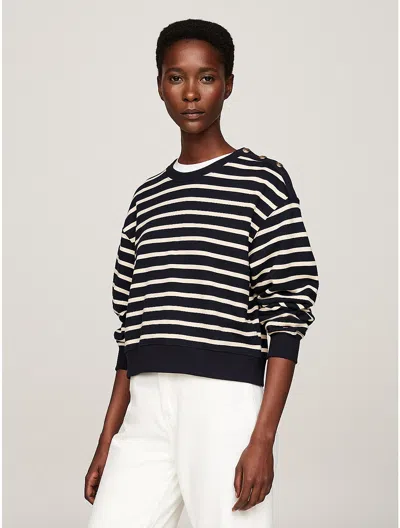Tommy Hilfiger Gold Button Crewneck Sweatshirt In Breton Stripe Navy/country Ivory