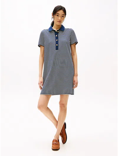 Tommy Hilfiger Gold Button Stripe Polo Dress In Ivory Petal / Dark Night Navy Stripe