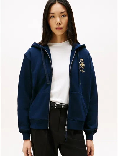 Tommy Hilfiger Gold Crest Logo Zip Hoodie In Blue