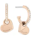 TOMMY HILFIGER GOLD-TONE STAINLESS STEEL HEART CHARM PAVE HOOP EARRINGS