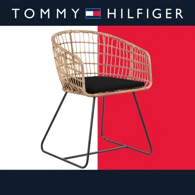 Tommy Hilfiger Graham Rattan Dining Chair With Seat Cushion, Woven Wicker, Boho Lounge Furniture In Black