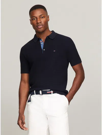 Tommy Hilfiger Grid Stitch Polo Sweater In Navy