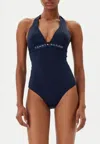 Tommy Hilfiger Halter One Piece Swimsuit (ext Sizes) In Blue