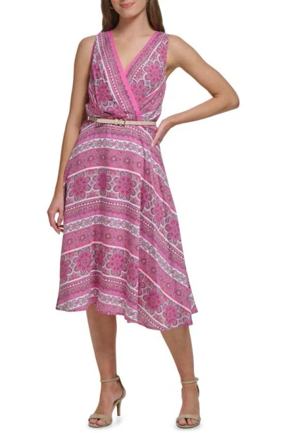 Tommy Hilfiger Handkerchief Print Sleeveless Belted Dress In Carmn Rose