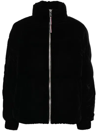 Tommy Hilfiger High-neck Velvet Puffer Jacket In Black