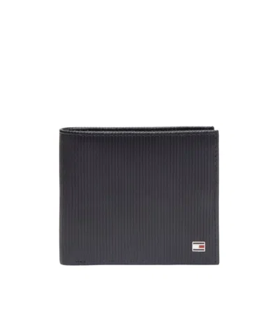Tommy Hilfiger Hilfiger Flag Ribbed Leather Bifold Wallet In Black