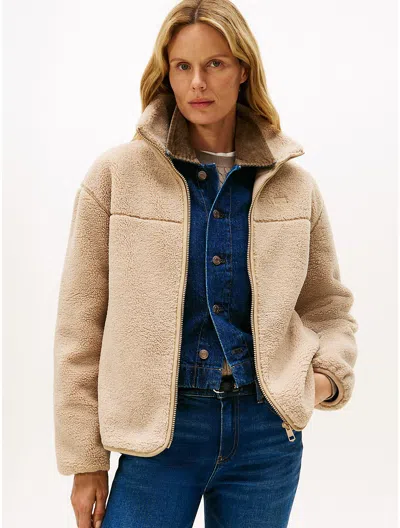 Tommy Hilfiger Hilfiger Logo Teddy Fleece Zip Jacket In Brown
