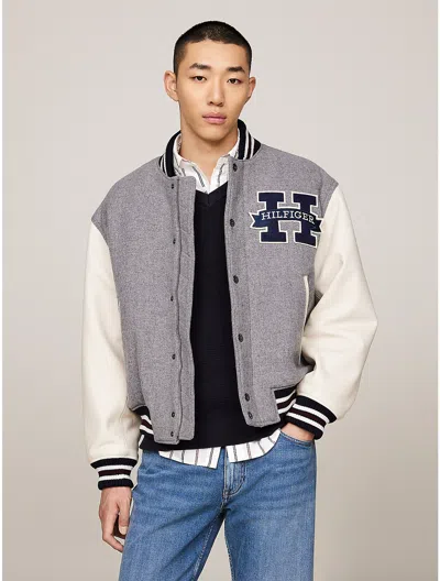 Tommy Hilfiger Hilfiger Patch Wool Blend Varsity Jacket In Light Grey Heather