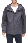 Tommy Hilfiger Hooded Rain Slicker Jacket In Black/medium Grey