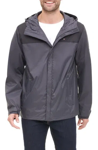 Tommy Hilfiger Hooded Rain Slicker Jacket In Black/medium Grey