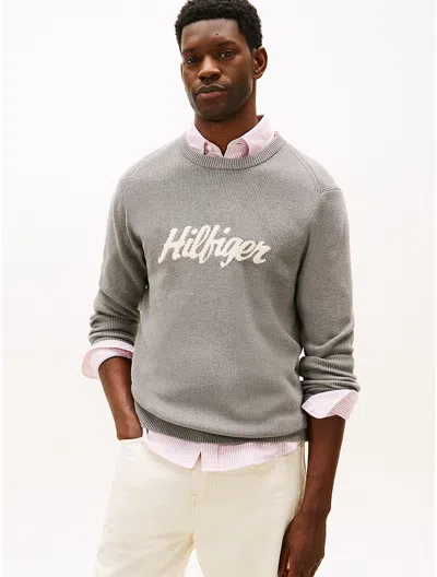 Tommy Hilfiger Intarsia Hilfiger Script Logo Sweater In Gray