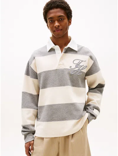 Tommy Hilfiger Interlock Stripe Panel Rugby Sweatshirt In Gray
