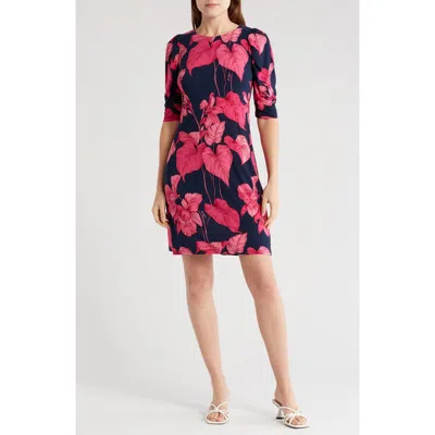 Tommy Hilfiger Island Orchid Jersey Ruched Sleeve Dress In Sky Captain/carmine Rose