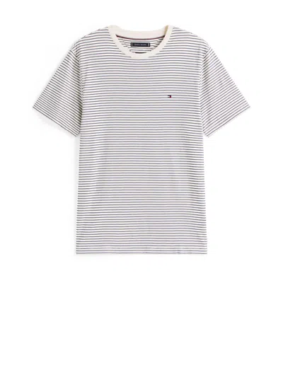 TOMMY HILFIGER TOMMY HILFIGER IVORY AND BLUE STRIPES T-SHIRT WITH LOGO.