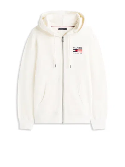 TOMMY HILFIGER TOMMY HILFIGER IVORY HOODIE WITH LOGO, FRONT ZIP CLOSURE