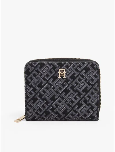 Tommy Hilfiger Jacquard Monogram Medium Zip Wallet In Black