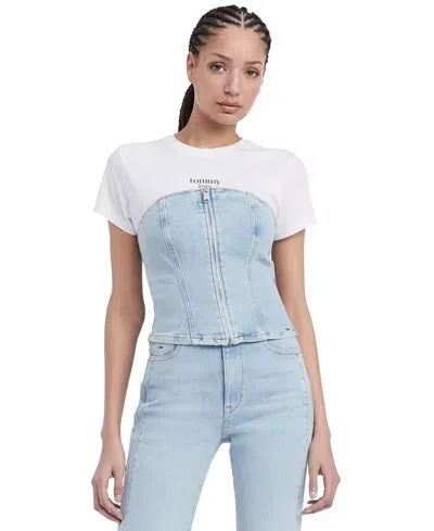 Tommy Hilfiger Jeans Denim Top Women's Blue Bandeau Neck Front Zip Fts1057