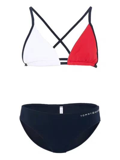 Tommy Hilfiger Junior Kids' Colour-blocked Crossover Triangle Bikini In Blue
