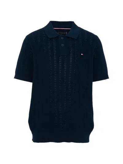 Tommy Hilfiger Junior Kids' Pointelle-knit Short-sleeve Polo Shirt In Blue