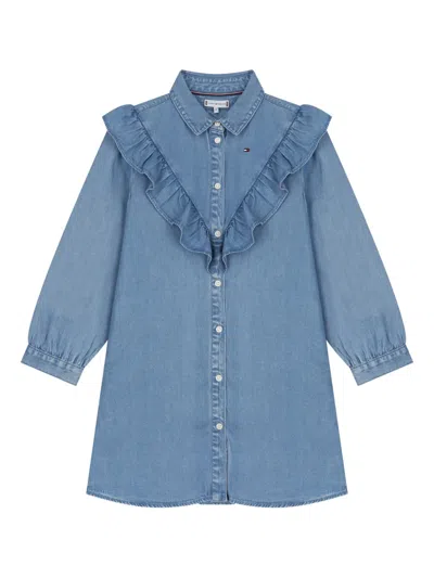 Tommy Hilfiger Junior Kids' Ruffled-detail Denim Dress In Blue