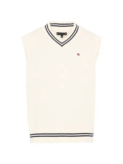 Tommy Hilfiger Junior Kids' Striped-trim V-neck Vest In Brown