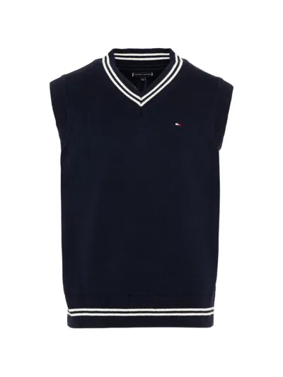 Tommy Hilfiger Junior Kids' V-neck Stripe-trim Knit Vest In Black