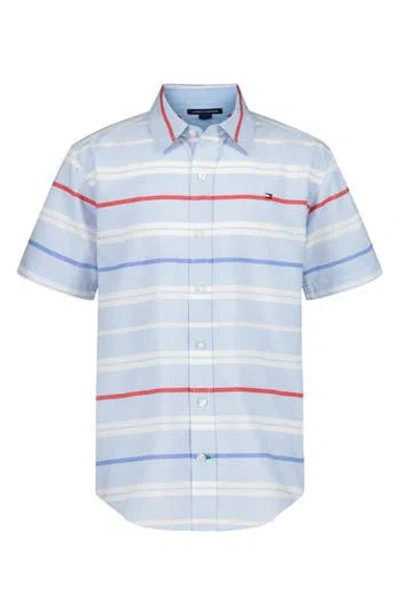 Tommy Hilfiger Kids' American Stripe Short Sleeve Button-up Shirt In Blue