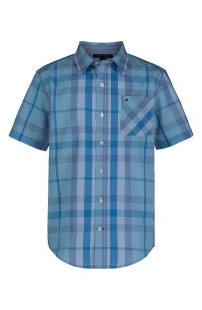 Tommy Hilfiger Kids' Blue Skies Plaid Short Sleeve Button-down Shirt In Swedish Blue
