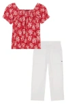 Tommy Hilfiger Toddler And Little Girls 2-piece Floral Elasticized Crop Top And French Terry Wide Leg Pant Set In Red