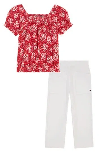 Tommy Hilfiger Kids' Toddler And Little Girls 2-piece Floral Elasticized Crop Top And French Terry Wide Leg Pant Set In Tommy Red Print,bright White