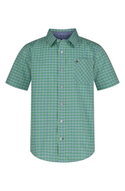 Tommy Hilfiger Kids' Four Color Gingham Short Sleeve Button-down Shirt In Bright Green