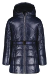 Tommy Hilfiger Kids' Logo Belted Waist Hooded Puffer Jacket In Blue