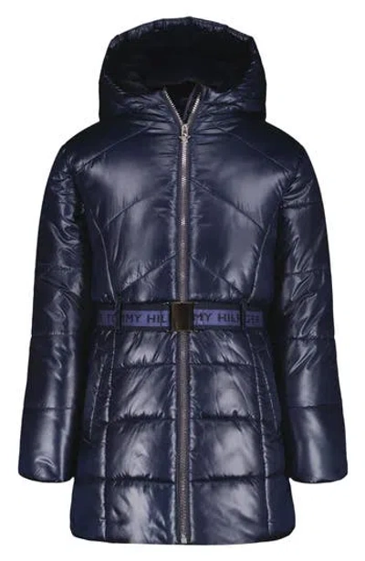 Tommy Hilfiger Kids' Logo Belted Waist Hooded Puffer Jacket In Blue