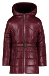 Tommy Hilfiger Kids' Logo Belted Waist Hooded Puffer Jacket In Burgundy