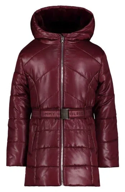 Tommy Hilfiger Kids' Logo Belted Waist Hooded Puffer Jacket In Burgundy