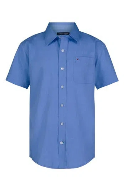 Tommy Hilfiger Kids' Solid Blue Short Sleeve Button-up Shirt In Spring Blue