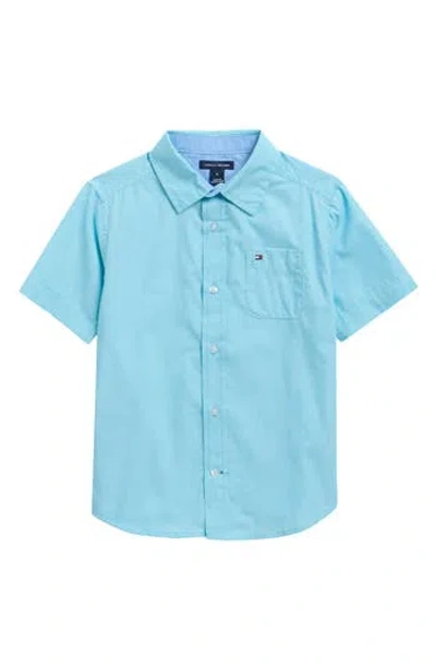 Tommy Hilfiger Kids' Solid Short Sleeve Button-up Shirt In Blue
