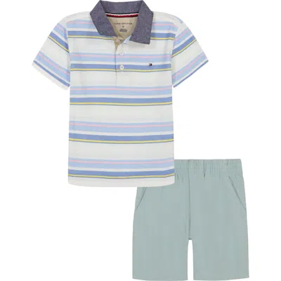 Tommy Hilfiger Kids' Stripe Polo & Cotton Twill Shorts Set In Blue