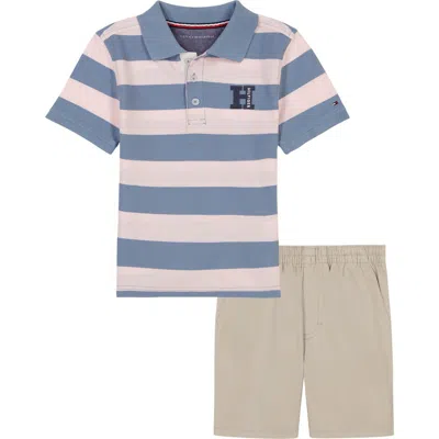 Tommy Hilfiger Kids' Stripe Polo & Cotton Twill Shorts Set In Pink