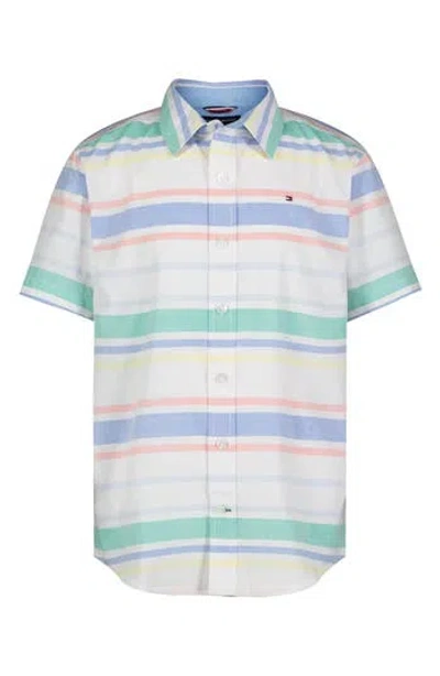 Tommy Hilfiger Kids' Stripe Short Sleeve Button-up Shirt In Fresh White