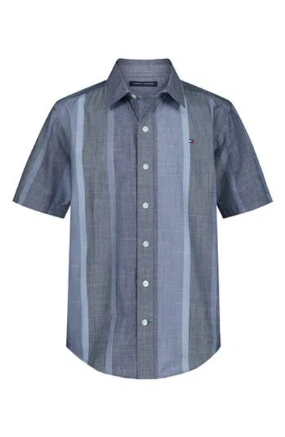 Tommy Hilfiger Kids' Stripe Slub Short Sleeve Button-up Shirt In Gray
