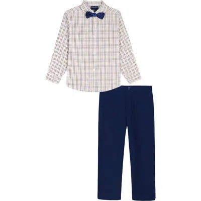 Tommy Hilfiger Kids' Tribeca Check Button-up Shirt, Pants & Bow Tie Set In Neutral