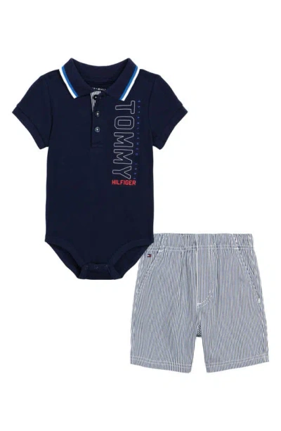 Tommy Hilfiger Babies' Knit Polo Bodysuit & Pull-on Shorts Set In Blue